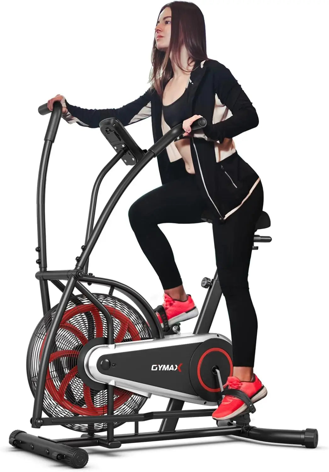 Fan Bike, Air Resistance Upright Bike with LCD Monitor, Phone Holder & Built-in Wheels, Fully Adjustable Stationary Exercise Bik