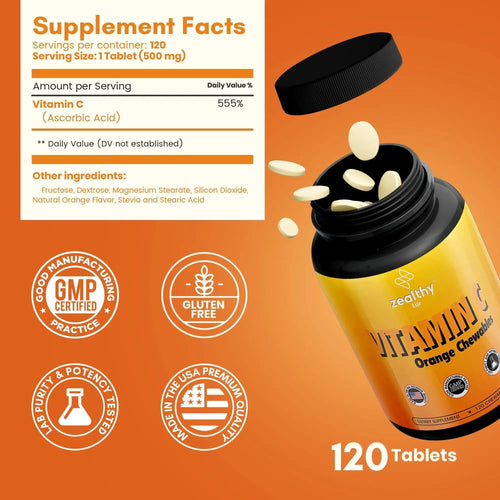 Vitamin C 500mg Orange Flavor Immune Support Supplement 120 Chewable Pills